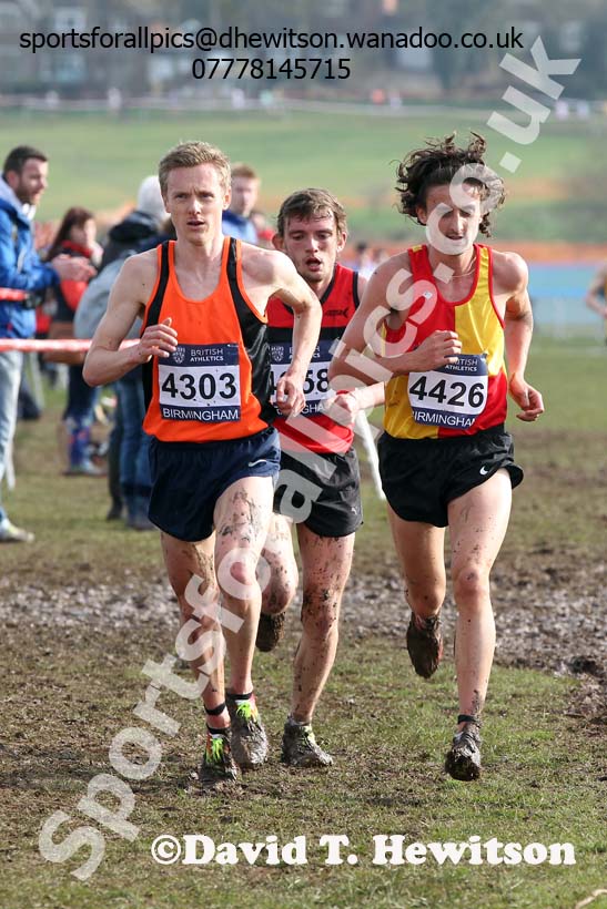 4303 Steve Vernon (Greater Manchester) lead 4426 Richard Goodman (Middlesex) from Dewi Griffiths (West Wales) during the senior mens Inter Counties Cross Country, Cofton Park, Birmingham. Photo: David T. Hewitson/Sports for All Pics